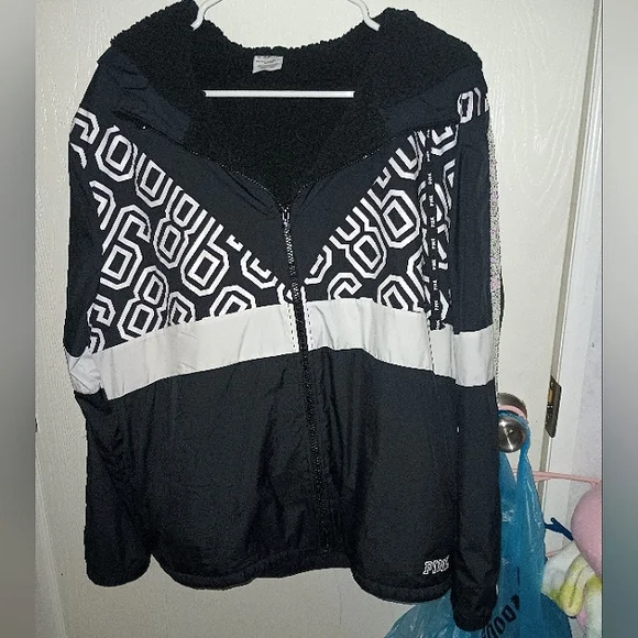 M/L Pink Victoria's Secret Windbreaker Black & White Anorak Jacket Coat - Picture 4 of 12